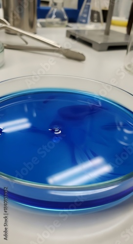 Chemical solution displays vibrant blue coloration within a laboratory petri dish
