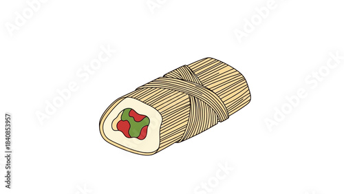 Illustration of a traditional wrapped tamale with colorful filling