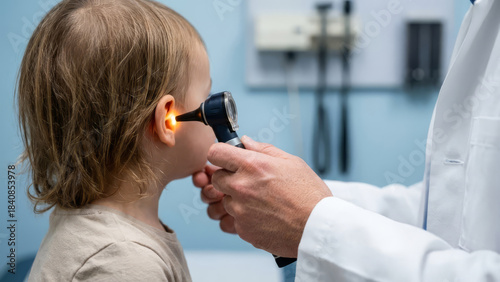 Pediatrician doctor examining little child ear with otoscope light in medical clinic.
