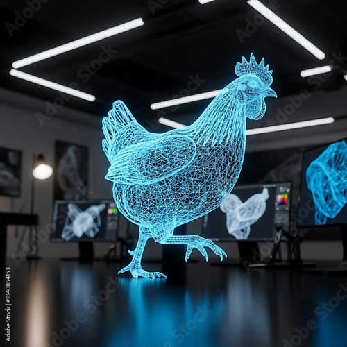 A digital rendering of a chicken, highlighted in glowing blue lines, positioned within a modern workspace environment.