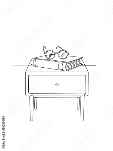 Simple contour drawing of a wooden bedside table with books and eyeglasses on top for cozy reading concept and interior furniture design