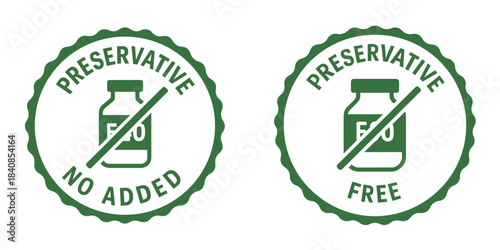 Set of green circular labels with jar icons and prohibition signs on white background for clean eating concept and natural food packaging