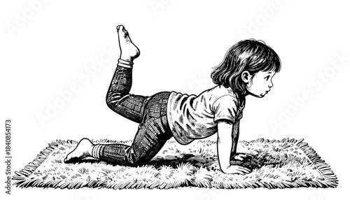 Hand drawn sketch of a little child doing stretching exercises on a textured carpet for kids wellness concept and healthy lifestyle education