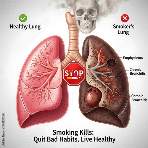 Comparison graphic illustrates the devastating internal effects of prolonged tobacco use on human respiratory organs