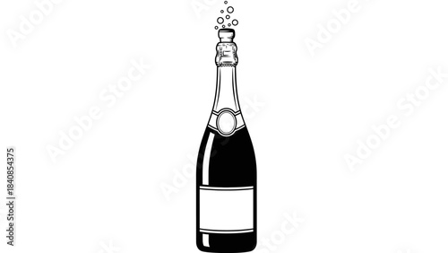 Black and white illustration of champagne bottle with bubbles