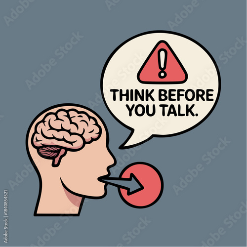 think before you talk warning in stylized profile illustration of mindful speech and cognitive awareness
