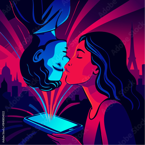 neon kiss through glowing screen in paris nightscape, digital romance meets dreamy tech-fueled connection and longing