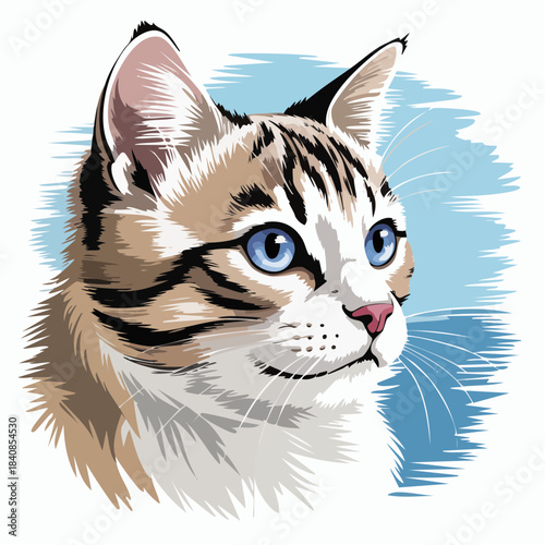 blue-eyed cat portrait with multicolor fur and abstract brushstroke background in stylized graphic realism
