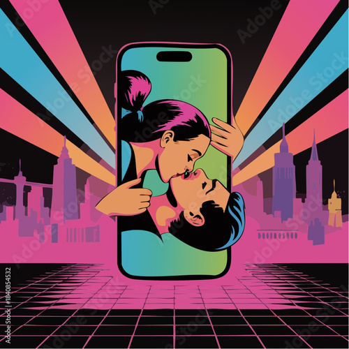 digital kiss through smartphone in neon cityscape with stylized glow and retro-futuristic romance
