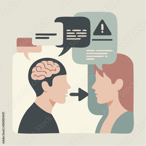 stylized communication between thinker and listener with speech bubbles and warning symbols
