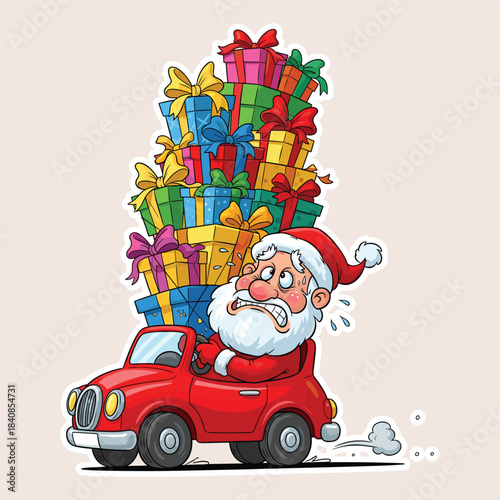 Santa Claus driving red car overloaded with colorful Christmas presents gifts