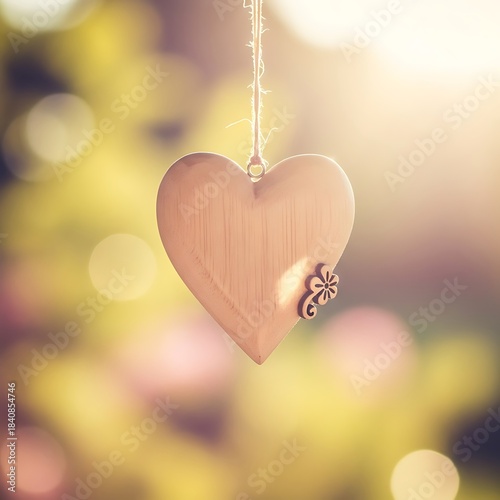 Wooden heart ornament hangs suspended against a bright, sunlit natural background