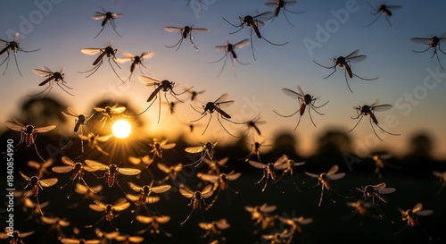 Numerous biting insects swarm together against the vibrant glow of a setting sun