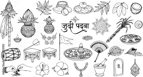 Black and White Line Art Hand Drawn Gudi Padwa Festival Elements Vector Illustration Set. Traditional Hindu Culture and Celebration Symbols for Indian Religious Holiday.