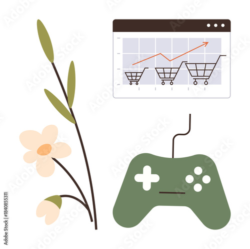Chart showcasing shopping cart growth trend, vintage game controller, and botanical illustration. Ideal for business, technology, nature, retail growth, gaming eco-commerce balance. Simple flat