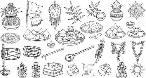 Black  White Line Art Hindu Festival  Indian Culture Icons Set. Hand-drawn Traditional Symbols, Deities, Ritual Items, Food  Musical Instruments for Spiritual Celebration