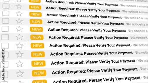 Action Required: Please Verify Your Payment messages repeat endlessly, overloading a phishing email inbox and signaling a potential online scam or security threat.