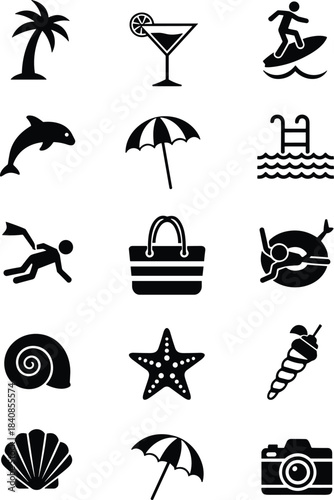 Beach, Ocean, and Summer Holiday Silhouette Icon Set, Palm Tree, Dolphin, Diving, Umbrella, Shell, Camera, and Travel Symbols Vector