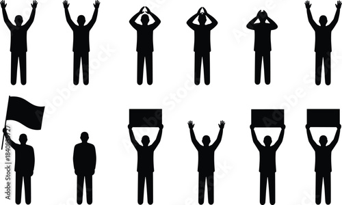 Protest and Demonstration Silhouette Icon Set, People with Raised Hands, Signs, and Flag Symbols for Activism, Rally, and Election