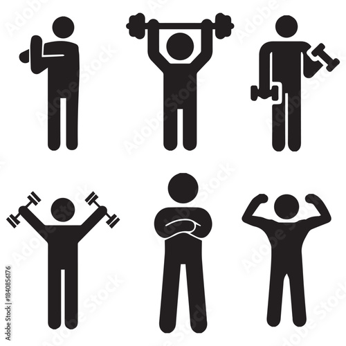 set of business people, Set of stick figure icons exercising with dumbbells, showing various workout poses in a simple black silhouette style
