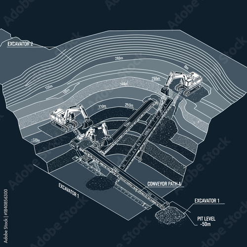 Detailed Isometric View of an Open-Pit Mining Operation with Excavators and Conveyor Belts.