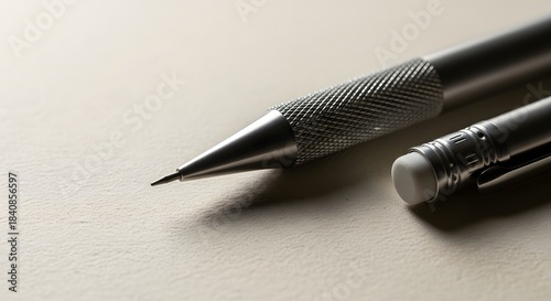 Close-up of a mechanical pencil with a visible lead tip and an eraser on a textured paper surface