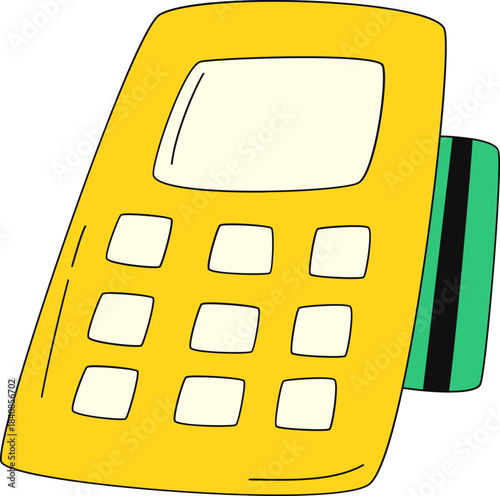 Simple doodle illustration of a yellow payment terminal with a credit card inserted, representing cashless transactions and modern retail finance