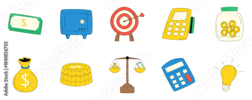 Set of Cartoon financial and business icons. Hand-drawn money, savings, investment, planning, and idea symbols for finance management.