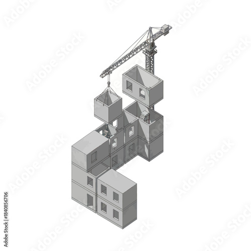 Construction of modular buildings with a crane lifting a module.