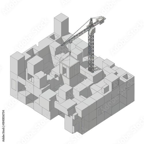 Isometric view of a construction site with a tower crane and abstract block structures.