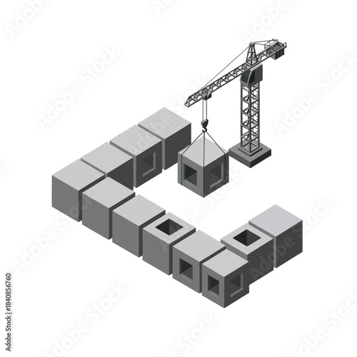 Construction crane lifting a concrete block to build a structure.