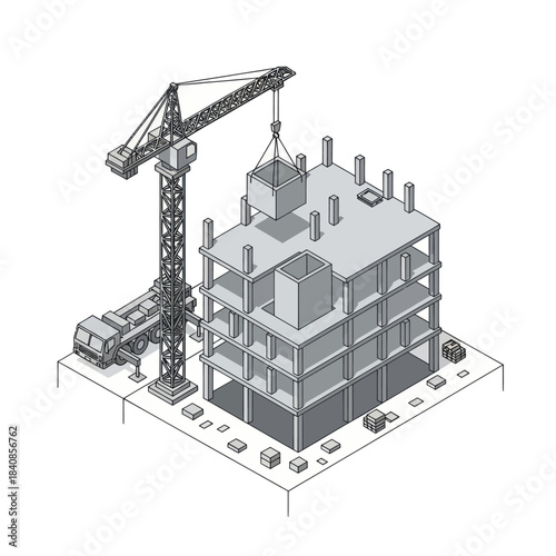Construction of a multi-story building with a crane and truck.