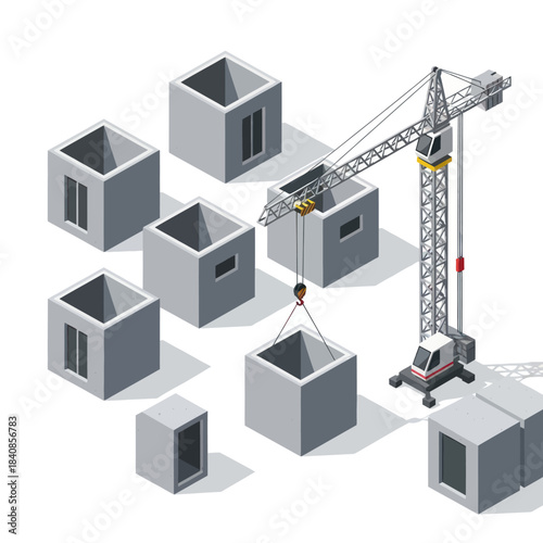 Isometric Construction Site with Crane and Precast Concrete Modules.