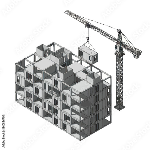 Construction of a multi-story building with a crane lifting a module.