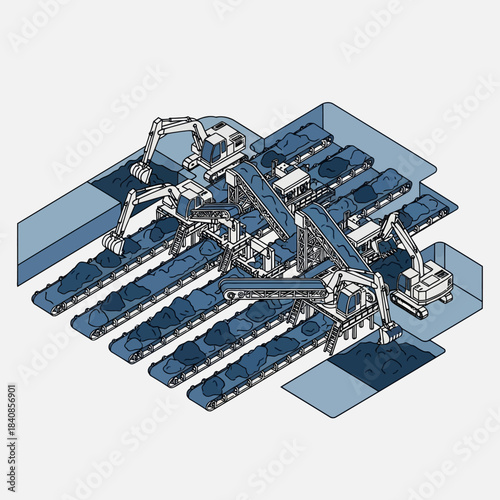 Industrial bulk material handling system with multiple excavators and conveyors.