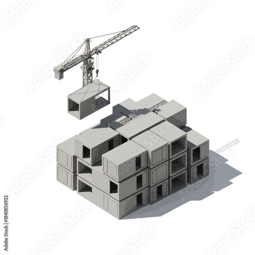 Modular Construction Site with Crane Lifting Prefabricated Concrete Unit.