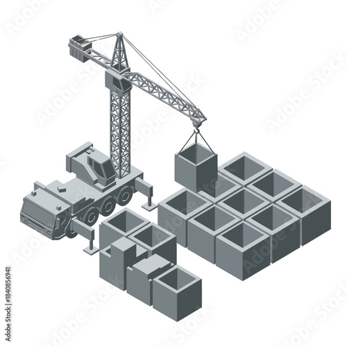 Construction Crane Lifting Concrete Blocks for Building Project.