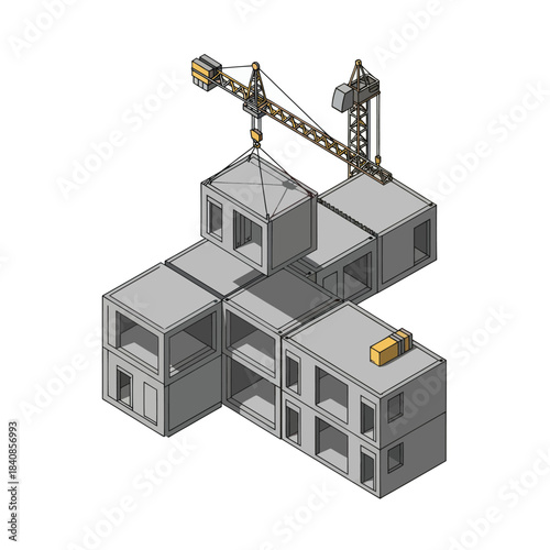 Modular Construction Site with Cranes Assembling Prefabricated Units.