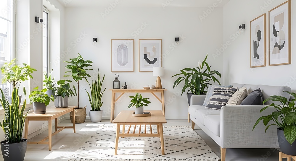 Fototapeta premium Bright and airy living room with plants and natural light.