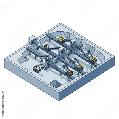 Isometric illustration of a sand and gravel quarry with excavators and conveyor belts.