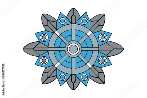 Nordic mandala design with Viking rune patterns, icy blue mystical circular ornament, Scandinavian folk art, winter-themed geometric symbol, ancient Norse decorative emblem illustration.
