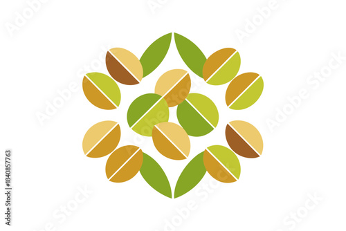 Pistachios arranged in intricate mosaic tile pattern, overhead view, geometric nut design, natural food texture, healthy snack concept, close-up detail on white background, isolated composition