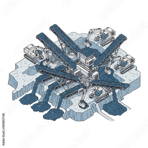 Isometric illustration of a large-scale mining operation with heavy machinery.