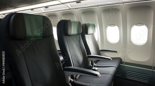 Interior View of an Empty Airplane Cabin with Rows of Black Leather Seats and Windows