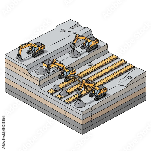 Isometric illustration of open pit mining operation with multiple excavators.