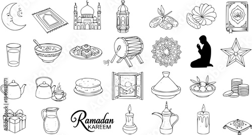 Ramadan and Islamic Culture Hand Drawn Black and White Line Art Icons Set. Doodle Sketch Elements for Muslim Holiday Celebrations, Traditions, Food, and Religious Symbols.