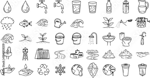 A comprehensive hand-drawn doodle style vector icon set featuring water elements, environment, ecology, nature, conservation, and utilities in black and white line art for graphic design resources.