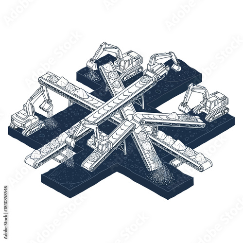 Isometric view of a complex industrial conveyor belt system with excavators.