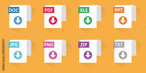 Set of File Format Icons with Download Symbols