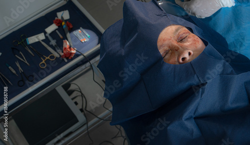 Detailed macro view of a plastic surgeon's gloved hands making an incision on the eyelid of an elderly woman during a cosmetic blepharoplasty surgery to correct drooping skin.